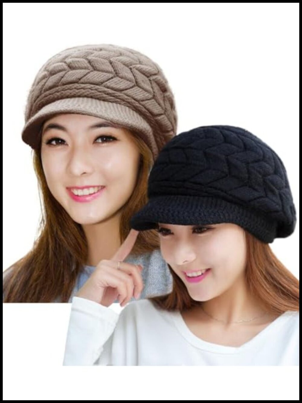 Women Winter Warm Knit Hat Wool Snow Ski Cap with Visor Fleece Lined